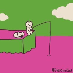 :3 animal_focus animated animated_gif boots brown_shoes cat cloud commentary day eating english_commentary everydayonecat fish fishing fishing_rod full_body green_sky hashtag holding holding_fishing_rod looping_animation no_humans ocean original outdoors shoes sitting sky unworn_shoes white_cat