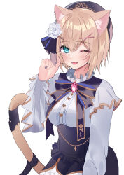 1girl absurdres animal_ear_fluff animal_ear_piercing animal_ears beret black_hat black_nails black_skirt blonde_hair blue_eyes blush cat_ears cat_tail corset fang flower gem hair_flower hair_ornament hat highres kurumi_noah layered_skirt long_sleeves looking_at_viewer nail_polish nakano_kura one_eye_closed open_mouth pink_gemstone rose shirt simple_background skirt solo tail upper_body virtual_youtuber vspo! white_background white_flower white_rose white_shirt x_hair_ornament