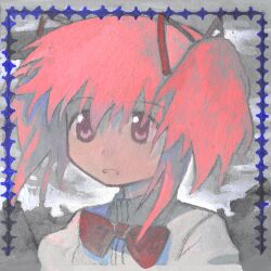 1girl absurdres bow grey_sky highres inset_border kaname_madoka looking_ahead mahou_shoujo_madoka_magica open_mouth outdoors pink_eyes pink_hair portrait red_bow school_uniform seasideiiii short_hair short_twintails sky solo twintails upper_body