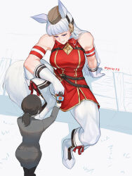2girls absurdres animal_ears arm_support armband boots commentary dress egalo english_commentary gloves gold_ship_(umamusume) grey_jacket grey_skirt highres horse_ears horse_girl horse_tail interview jacket long_hair microphone multiple_girls muscular muscular_female pantyhose pencil_skirt pillbox_hat purple_eyes red_armband red_dress skirt sleeveless sleeveless_dress suit_jacket tail umamusume white_boots white_gloves white_hair white_pantyhose
