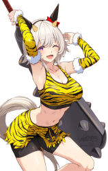1girl animal_ears animal_print armpits bike_shorts bike_shorts_under_skirt black_hairband black_sports_bra bow breasts cleavage club club_(weapon) commentary cowboy_shot curren_chan_(umamusume) detached_sleeves ear_bow ear_covers fang fur-trimmed_sleeves fur_trim grey_hair hairband highres holding holding_club holding_weapon horns horse_ears horse_girl horse_tail kanabou looking_at_viewer masaki_shino midriff navel one_eye_closed oni_costume purple_eyes red_bow setsubun short_hair signature solo sports_bra tail tank_top tiger_print twitter_username umamusume watermark weapon