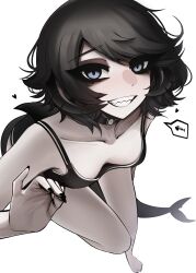 1girl absurdres bare_shoulders barefoot black_choker black_hair black_horns black_nails black_tail black_tank_top blue_eyes breasts calli_(mikuneki) choker collarbone curled_horns fins fish_skeleton fish_tail grin heart highres horns looking_at_viewer low_horns messy_hair mikuneki original shark_fin shark_girl shark_tail sharp_teeth short_hair simple_background smile solo spoken_food tail tank_top teeth white_background