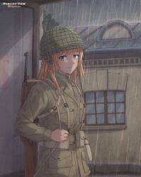 Rule 34 | 101st airborne, 1girl, absurdres, ammunition pouch, backpack, bag, blue eyes, breasts, brown hair, brown helmet, brown jacket, brown shirt, combat helmet, commentary, day, door, english commentary, from side, grey sky, gun, gun sling, helmet, highres, jacket, kepincox, light frown, load bearing equipment, m1 carbine, m1 helmet, medium breasts, medium hair, military, military combat uniform, military fatigues, military uniform, original, outdoors, overcast, pouch, rain, reflection, rifle, shirt, sky, soldier, suspenders, taking shelter, tree, twitter username, undone chin strap, united states army, water drop, weapon, wet, wet clothes, wet hair, window, world war ii