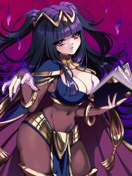 1girl absurdres black_bridal_gauntlets black_hair black_nails blunt_bangs bodystocking book bracelet bridal_gauntlets circlet commission fingernails fire_emblem fire_emblem_awakening highres holding holding_book jewelry long_fingernails nail_polish nintendo open_book skin_tight tharja_(fire_emblem) tharyaart tiara two-tone_cape vgen_commission