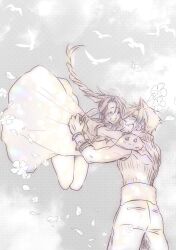1boy 1girl aerith_gainsborough armor armored_gloves arms_around_neck bandaged_arm bandages bird braid braided_ponytail closed_eyes cloud_strife couple cropped_jacket dress falling falling_flower falling_petals final_fantasy final_fantasy_vii flock hair_between_eyes hair_ribbon happy_tears hetero highres long_dress open_mouth parted_bangs pauldrons petals ribbon sharp_teeth short_hair shoulder_armor sidelocks single_braid single_pauldron sketch sleeveless sleeveless_turtleneck smile suspenders tears teeth tokiokiyu turtleneck upper_body