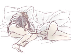 2girls aihara_mei aihara_yuzu ass bad_id bad_pixiv_id barefoot black_hair blonde_hair breasts citrus_(saburouta) closed_eyes feet female_focus glidesloe highres long_hair multiple_girls shirt siblings simple_background sisters sleeping step-siblings toes wife_and_wife yuri