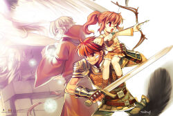 1girl 2boys bow carrying fighting_stance highres holding holding_weapon mabinogi magic mari_gwydion multiple_boys official_art official_wallpaper red_eyes red_hair shoulder_carry sword weapon