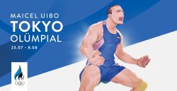 1boy 2020_summer_olympics blue_shorts brown_hair clenched_hands closed_eyes estonian_flag estonian_text facial_hair goatee highres maicel_uibo male_focus monq muscular olympics open_mouth real_life short_hair shorts skin_tight solo sportswear