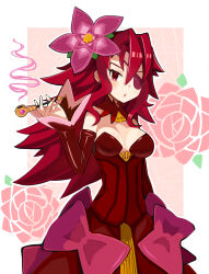 1girl bare_shoulders border bow breasts collar detached_collar detached_sleeves dress earrings eyepatch flower hair_between_eyes hair_flower hair_ornament hand_up highres holding holding_smoking_pipe jewelry long_hair looking_at_viewer majo_to_hyakkihei outside_border parted_lips red_collar red_dress red_eyes red_hair sleeveless sleeveless_dress smoke smoking_pipe solo strapless strapless_dress suaman valentine_(majo_to_hyakkihei) white_border