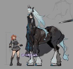 2girls alternate_species animal_ears boots centaur fate/grand_order fate_(series) fujimaru_ritsuka_(female) fujimaru_ritsuka_(female)_(polar_chaldea_uniform) height_difference highres horse_ears mogukong_1238 morgan_le_fay_(fate) multiple_girls multiple_legs orange_hair pleated_skirt skirt standing surprised taur