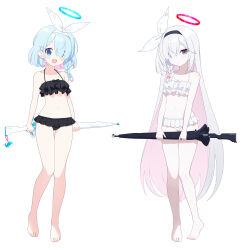 2girls :d absurdres arona_(blue_archive) bikini black_bikini black_hairband blue_archive blue_eyes blue_hair bow braid breasts closed_mouth expressionless footwear_bow frilled_bikini frills full_body grey_eyes hair_over_one_eye hairband halo highres holding holding_umbrella long_hair looking_at_viewer midriff multiple_girls official_alternate_costume open_mouth pink_hair plana_(blue_archive) pn_(wnsl216) red_pupils sandals short_hair simple_background sketch small_breasts smile standing swimsuit umbrella umbrella_gun white_background white_bikini white_bow white_hair