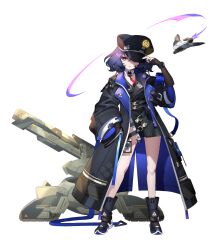 1girl bags_under_eyes bare_legs belt black_coat black_shirt black_shoes black_socks coat contrapposto detached_collar drone elbow_gloves eversoul fingerless_gloves full_body game_cg gloves hair_between_eyes hand_in_pocket hat highres holding holding_unworn_clothes holding_unworn_hat id_card long_sleeves loose_socks military_hat military_vehicle motor_vehicle multiple_belts necktie official_art one_eye_covered oversized_clothes parted_lips partially_shaded_face peaked_cap purple_hair red_eyes revision shirt shoes short_hair side_slit sleeves_rolled_up sneakers socks solo square-end_necktie standing tachi-e tank transparent_background unworn_hat unworn_headwear weiss_(eversoul)