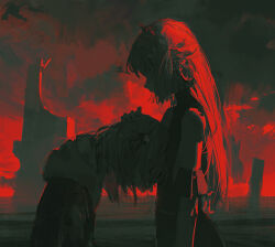 2girls bare_shoulders bent_over black_dress black_hoodie closed_mouth crown dino_(dinoartforame) dress flat_chest from_side gawr_gura hand_on_another&#039;s_head head_on_chest highres hololive hololive_english hood hoodie long_hair multiple_girls no_eyes one_side_up ruins sidelocks