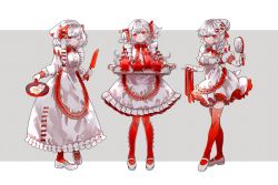 1girl absurdres apron bacon bow braid brush chilcy35 dress egg_(food) food fried_egg gloves hair_bow hair_ribbon highres holding holding_knife holding_tray knife long_hair long_sleeves looking_at_viewer maid mary_janes multiple_views one_eye_closed original red_eyes red_ribbon red_thighhighs ribbon shoes short_hair short_sleeves short_twintails sidelocks simple_background standing teapot thighhighs tray twintails white_dress white_footwear white_gloves white_hair