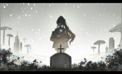 Rule 34 | 1girl, absurdres, backlighting, bare shoulders, bellflower, blue flower, blunt bangs, braid, building, chinese bellflower, chromatic aberration, closed mouth, cowboy shot, cross, facing viewer, field, flower, flower field, frown, giant mushroom, greyscale, heroine (lovebrush chronicles), high ponytail, highres, holding, holding flower, hotaru gugugu, jacket, letterboxed, long hair, long sleeves, looking at object, lovebrush chronicles, monochrome, mushroom, off shoulder, open clothes, open jacket, outdoors, ponytail, shorts, side braid, skyscraper, sleeveless, sleeveless turtleneck, snowing, solo, spoilers, spot color, standing, straight-on, tombstone, turtleneck