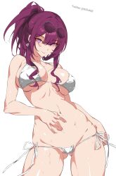 Rule 34 | 1girl, artist name, bare shoulders, bikini, breasts, collarbone, female focus, highres, honkai: star rail, honkai (series), kafka (honkai: star rail), kili kilio, medium breasts, ponytail, purple eyes, purple hair, shiny skin, simple background, smile, sunglasses on head, swimsuit, twitter username, wet, white background, white bikini