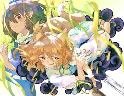2girls animal_ear_fluff animal_ears black_hair blonde_hair blue_hat blush closed_mouth commentary_request cork fingernails fox_ears fox_girl fox_shadow_puppet fox_tail full_body green_ribbon hair_between_eyes hair_over_one_eye hat iizunamaru_megumu kajatony kudamaki_tsukasa long_bangs looking_at_viewer medium_hair multiple_girls neck_ribbon open_mouth pointy_ears red_eyes ribbon sleeve_ribbon smile tail tokin_hat touhou white_romper