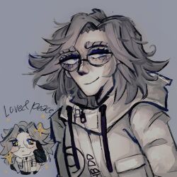 1boy aotsuki_eito black_gloves blue_eyes closed_mouth drawstring english_text gloves grey_background grey_hair jacket male_focus parted_hair simple_background smile solo solo_focus the_hundred_line_-last_defense_academy- upper_body white_jacket zipper_pull_tab