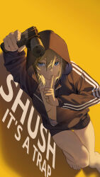 1girl aiming aiming_at_viewer barefoot black_jacket blonde_hair blue_eyes breasts closed_mouth commentary english_text finger_to_mouth glock gun handgun highres hood hooded_jacket jacket looking_at_viewer naked_jacket original partially_unzipped rff_(3_percent) shushing simple_background solo suppressor toes trigger_discipline weapon