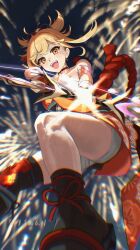 Rule 34 | 1girl, aiming, aiming at viewer, arm tattoo, asymmetrical legwear, bandages, blonde hair, bow (weapon), chest sarashi, chest tattoo, choker, feet out of frame, fireworks, from below, genshin impact, hadanugi dousa, highres, japanese clothes, kimono, midair, night, open kimono, open mouth, orange kimono, outdoors, ponytail, red rope, rope, sarashi, short hair, single bare shoulder, smile, solo, sparkle, tattoo, teeth, tree bowbow, upper teeth only, weapon, yellow eyes, yoimiya (genshin impact)