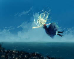 1girl air_(visual_novel) bad_id bad_pixiv_id black_boots black_dress blonde_hair boots chogi city dress falling kamio_misuzu landscape lowres ribbon sky solo white_ribbon