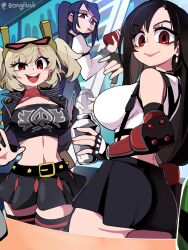 3girls absurdres artist_name ass belt black_belt black_gloves black_jacket black_skirt black_thighhighs blonde_hair bongfill breasts burnice_white closed_mouth commentary cropped_jacket crossover earrings eyewear_on_head final_fantasy final_fantasy_vii final_fantasy_vii_remake fingerless_gloves gloves hair_ornament highres holding indoors jacket jewelry jill_stingray ladder large_breasts long_sleeves looking_at_viewer looking_back medium_hair multiple_crossover multiple_girls open_mouth purple_hair red_eyes skirt smile striped_clothes striped_thighhighs sunglasses symbol-only_commentary teeth thighhighs tifa_lockhart trait_connection two_side_up underbutt upper_teeth_only va-11_hall-a zenless_zone_zero