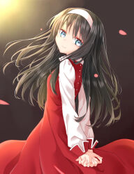 Rule 34 | 1girl, arms behind back, black hair, blue eyes, closed mouth, commentary request, dress, fingernails, floating hair, hairband, highres, long hair, long sleeves, looking at viewer, own hands together, petals, red dress, simple background, smile, solo, tanka kikurage, tohno akiha, tsukihime, white hairband, white sleeves