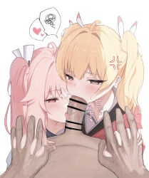 1boy 2girls absurdres ahoge anger_vein bar_censor blonde_hair blue_archive brown_eyes censored commentary_request cooperative_fellatio fellatio ffm_threesome group_sex heart hetero highres holding_hands interlocked_fingers koubayasi licking licking_penis long_hair looking_at_viewer multiple_girls natsu_(blue_archive) no_halo oral penis pink_eyes pink_hair pov pov_crotch side_ponytail simple_background speech_bubble spoken_heart spoken_squiggle squiggle teamwork_(sexual) threesome tongue twintails white_background yoshimi_(blue_archive)