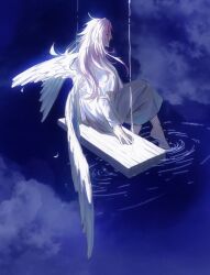 1boy barefoot blue_background capelet closed_eyes cloud crossdressing dress feathered_wings hatsutori_hajime highres long_hair male_focus minglishiai official_alternate_costume on_swing pink_hair saibou_shinkyoku sitting solo swing trap white_capelet white_dress white_wings wings