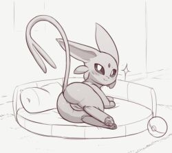 1girl animal_focus animal_sexualization anus anus_peek ass blush cleft_of_venus closed_mouth espeon female_focus forehead_jewel forked_tail from_behind full_body gen_2_pokemon glint greyscale happy indoors kekitopu looking_afar looking_back looking_up lying monochrome nintendo no_humans on_bed on_side pillow poke_ball poke_ball_(basic) pokemon pokemon_(creature) pussy sketch smile solo tail uncensored