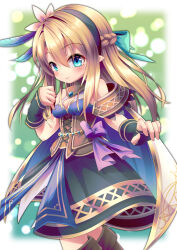 Rule 34 | 1girl, bare shoulders, blonde hair, blue dress, blue eyes, boots, braid, breasts, dress, emil chronicle online, flower, from side, green ribbon, hair flower, hair ornament, highres, le fay lore, long hair, looking at viewer, medium breasts, purple ribbon, ribbon, yupi828