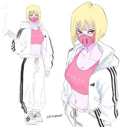 1girl adidas artist_name blonde_hair bob_cut breasts cigarette cleavage collarbone colored_sclera cyberpunk_(series) cyberpunk_edgerunners cyborg highres jacket kiwi_(cyberpunk) looking_at_viewer mask mouth_mask multiple_views open_clothes open_jacket pants shoes short_hair simple_background smoking sneakers track_jacket track_pants track_suit virtuware white_background white_jacket white_pants