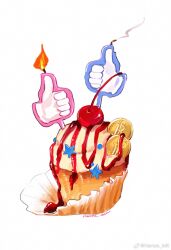 Rule 34 | buggy the clown, candle, cherry, commentary request, cupcake, food, food focus, foodification, fruit, highres, icing, no humans, one piece, signature, simple background, smoke, solo, sprinkles, star (symbol), strawberry syrup, thumbs up, vamos mk, white background