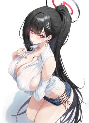 1girl absurdly_long_hair absurdres arm_under_breasts black_hair blue_archive blush breasts cleavage covered_erect_nipples denim denim_shorts detached_sleeves earrings gold_earrings gold_necklace hair_ornament hairclip halo high_ponytail highres huge_breasts jewelry long_hair micro_shorts necklace noa_(skae3323) parted_lips pink_nails ponytail red_eyes rio_(blue_archive) shirt shorts simple_background solo thighs very_long_hair white_background white_shirt