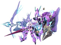 1girl absurdres arm_armor armored_boots bare_shoulders blue_eyes blunt_ends boots bow_(weapon) breasts convallaria drawing_bow drone full_body headpiece highres holding holding_bow_(weapon) holding_polearm holding_weapon lance large_breasts leotard long_hair mecha_musume non-web_source official_art open_mouth outstretched_arm polearm shield starward thighhighs thighs very_long_hair weapon white_hair