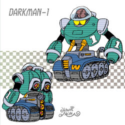 1boy ariga_hitoshi arm_cannon armor artist_name breastplate caterpillar_tracks character_name reference_sheet checkered_background commentary_request concept_art dark_man dual_arm_cannons exhaust_pipe from_behind full_body glass gradient_background green_armor grey_background highres industrial_pipe looking_ahead male_focus mega_man_(classic) mega_man_(series) mega_man_5 mega_man_megamix multiple_views no_humans non-humanoid_robot robot scanlines screw shoulder_armor signature simple_background solid_eyes standing three_quarter_view turnaround weapon wheel white_background yellow_eyes