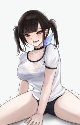 Rule 34 | 1girl, between legs, black bra, black buruma, black hair, blush, bra, bra visible through clothes, breasts, brown eyes, buruma, collarbone, commentary request, goddess of victory: nikke, grey background, gym shirt, gym uniform, hand between legs, highres, medium breasts, open mouth, see-through clothes, see-through shirt, shirt, simple background, sitting, solo, sora (nikke), sunameri (pixiv3564245), sweat, trembling, twintails, underwear