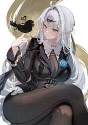1girl ahoge bird bird_on_hand black_jacket blue_flower blue_rose breasts cleavage corsage crossed_legs flower hair_ornament hand_up highres jacket large_breasts looking_at_animal miniskirt pantyhose rose ruiuncle see-through_cleavage see-through_clothes sitting skirt solo thighs white_hair yellow_eyes yi_xuan_(zenless_zone_zero) zenless_zone_zero