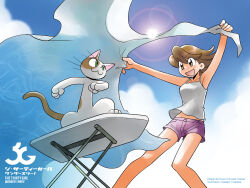 1girl 30girl.com animal artist_name blanket brown_eyes brown_hair cat cloud cloudy_sky copyright_name highres holding holding_blanket ironing_board kawai_shingo lens_flare medium_hair midriff_peek open_mouth outdoors purple_shorts shirt short_shorts shorts sky sleeveless sleeveless_shirt standing sun white_shirt yugami_ririko