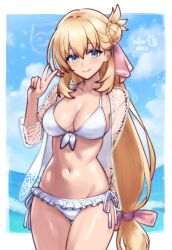 1girl alternate_costume beach bikini bikini_bottom_only blonde_hair blue_eyes blue_sky blush braid breasts cleavage cloud collarbone day eiyuu_densetsu frilled_bikini frills hair_bun hair_ornament hair_ribbon highres kuro_no_kiseki_(series) large_breasts long_hair looking_at_viewer navel ocean ribbon rotomdocs see-through_clothes side-tie_bikini_bottom side-tie_clothing side-tie_swimsuit sky smile solo standing stomach swimsuit thighs v very_long_hair white_bikini