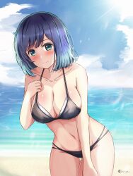 1girl beach bikini black_bikini blue_eyes blue_hair blue_sky blush breasts cleavage closed_mouth cloud commentary_request cowboy_shot day highres kurokawa_akane large_breasts looking_at_viewer navel ocean oshi_no_ko satya short_hair sky smile solo standing swept_bangs swimsuit