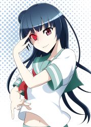 1girl blue_hair chuunibyou code_geass company_connection female_focus geass glowing glowing_eye hair_bun hand_on_own_face highres long_hair looking_at_viewer love_live! love_live!_sunshine!! mattari_yufi midriff navel neckerchief outstretched_hand parody purple_eyes school_uniform serafuku short_sleeves single_hair_bun smile solo sunrise_(company) tsushima_yoshiko