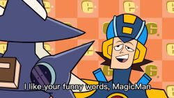 ._. 2boys black_eyes brown_hair clone_high commentary english_commentary english_text hat helmet magicman.exe male_focus mega_man_(series) mega_man_battle_network_(series) mega_man_battle_network_1 megaman.exe multiple_boys parody sprinqgueen style_parody subtitled upper_body