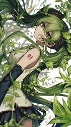 Rule 34 | 1girl, alternate eye color, alternate hair color, arm tattoo, commentary, cowboy shot, danjou sora, from side, green eyes, green hair, green theme, hair between eyes, hatsune miku, highres, leaf, long hair, looking at viewer, looking to the side, number tattoo, shirt, skirt, sleeveless, sleeveless shirt, solo, tattoo, twintails, very long hair, vocaloid