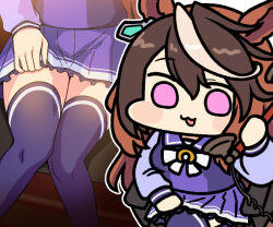 1girl :d animal_ears antique_phone brown_hair chibi commentary_request holding holding_phone horse_ears horse_girl jazz_jack long_hair multicolored_hair multiple_views open_mouth phone pink_eyes pleated_skirt purple_skirt purple_thighhighs school_uniform serafuku sitting skirt smile symboli_rudolf_(umamusume) thighhighs umamusume zettai_ryouiki