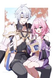 1boy 1girl absurdres ahoge armor black_choker black_pants blue_eyes book breasts choker coat cyrene_(honkai:_star_rail) dress gold_tattoo hair_ornament highres honkai:_star_rail honkai_(series) jewelry medium_hair multicolored_hair neck_tattoo necklace open_book open_mouth pants pauldrons phainon_(honkai:_star_rail) pink_hair purple_coat short_hair shoulder_armor simple_background single_pauldron sitting sitting_on_lap sitting_on_person small_breasts smile taiyaki12 tattoo twitter_username two-tone_hair white_background white_coat white_dress white_hair