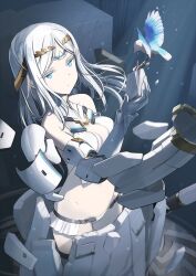 Rule 34 | 1girl, armor, armored boots, armored gloves, bare shoulders, bikini armor, blue eyes, boots, breasts, circlet, cleavage cutout, closed mouth, clothing cutout, colored eyelashes, cowboy shot, crop top, detached sleeves, dot mouth, expressionless, fate/grand order, fate (series), floating armor, galatea (fate), game cg, gloves, halterneck, hand up, holding, light particles, light rays, long hair, long sidelocks, long sleeves, looking to the side, loose pants, lowleg, lowleg panties, medium breasts, official art, pale skin, panties, pants, parted bangs, sculpture, shimada fumikane, shirt, sidelocks, solo, thighhighs, third-party source, turtleneck, underwear, white armor, white eyelashes, white gloves, white hair, white pants, white shirt