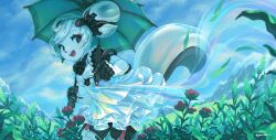 1girl android artist_name blue_sky cloud cloudy_sky drawing dress flower flower-shaped_pupils furry furry_female hair_bun highres holding holding_stylus holding_umbrella kiki_the_cyber_squirrel krita_(software) leaf mountain nature outdoors plant red_eyes red_flower short_hair sky smile snow solo squirrel_girl squirrel_tail standing stylus symbol-shaped_pupils tail tyson_tan umbrella white_dress white_hair