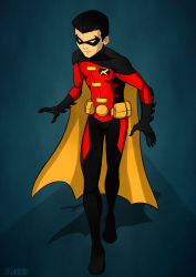1boy absurdres batman_(series) black_hair bodysuit boots cape dc_comics domino_mask full_body gloves highres male_focus mask robin_(dc) shamserg solo standing tim_drake young_justice young_justice:_invasion