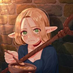 1girl blonde_hair blue_robe blush bowl choker dungeon_meshi elf food frown green_eyes highres holding holding_bowl kunitarou-art long_hair looking_at_viewer marcille_donato pointy_ears robe solo soup staff sweat tearing_up upper_body wavy_eyes